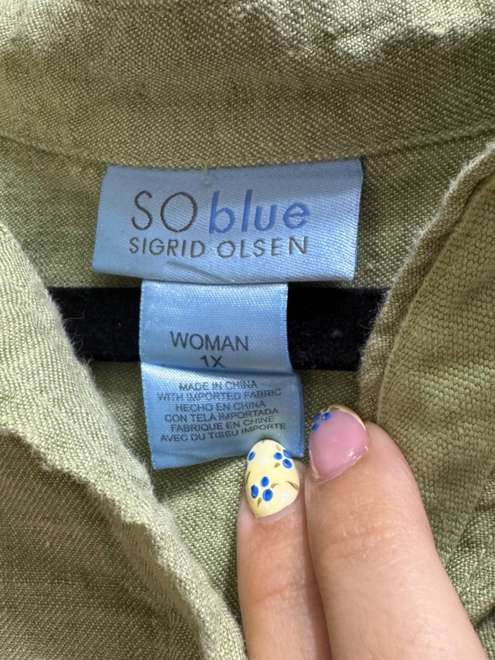 SO Blue Sigrid Olsen 100% Linen Button Front Shirt 1X Green - Picture 5 of 8